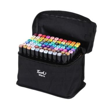 Imagem de Estojo de Canetinhas Ponta Dupla Bolsa Escolar 80 Cores Maleta Canetin