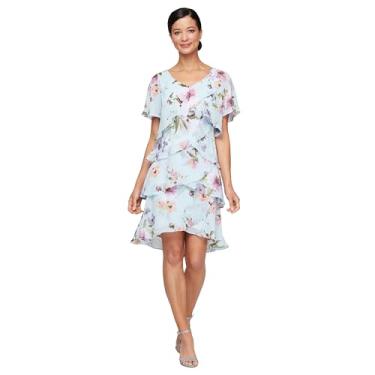 Imagem de S.L. Fashions Vestido feminino de manga curta floral de chiffon para coquetel primavera/verão, vestido de convidada de casamento, Azul Multi decote em V, 42