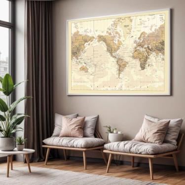 Imagem de Quadro com Moldura Sala Quarto Mapa Mundi Decorativo Horizontal Grande