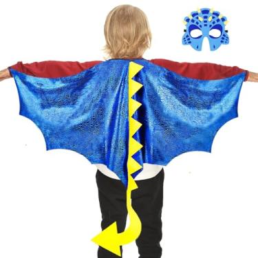 Imagem de Máscara de fantasia de Dragon Wings para crianças com estampa de dinossauro, capa para meninos e meninas, lembrancinhas de festa de aniversário (azul)
