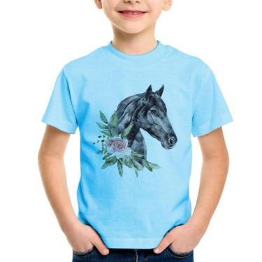 Imagem de Camiseta Infantil Cavalo e Flores - Foca na Moda, Azul bebê, 8