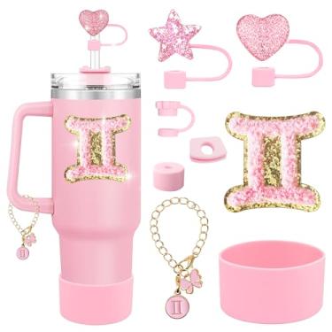 Imagem de RQYDYZMJ Conjunto de acessórios de copo de 8 peças, com uma corrente e pingente de constelação, adesivo de constelação e tampa de palha para copos Stanley de 850 g ou 1,134 g (rosa - gêmeos)