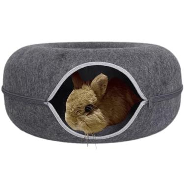 Imagem de Cama de coelho, cama de caverna Peekaboo para chinchilas de porquinhos-da-índia, túnel de donut para coelhos, casa de animais pequenos, feltro redondo removível e túnel de jogo interno lavável (cinza