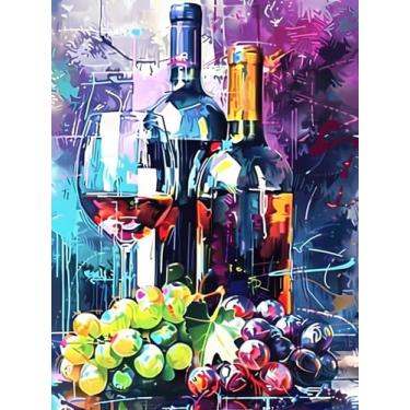 Imagem de UPABLUNSO Conjunto de pintura de diamante adulto, garrafas de vinho e copos com uva, faça você mesmo, 5D, redondo, diamante, vinho, perfeito para lazer em família, sala de estar, quarto, decoração de