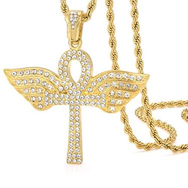 Imagem de ROWIN&CO Joias Hip Hop Banhado a Ouro 18 k Iced Out Bling Ankh Cruz Mãos Rezando Medalha de Moeda Clássico Religioso Egípcio CZ Pingente Correntes Rapper para Homens Mulheres Colar, 61 cm (B-Ankh c/