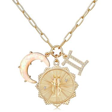 Imagem de MISS RIGHT Colar de moedas de signo do zodíaco de ouro com pingente de lua crescente de opala para mulheres meninas da moda, corrente delicada de clipe de papel de ouro 12 colares de horóscopo de constelação colares de astrologia joias presentes, 18.11 inches, Gema, Zircônia cúbica