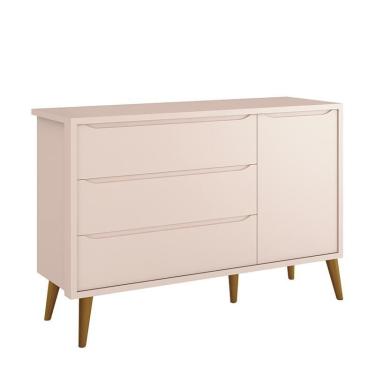 Imagem de Cômoda Infantil 1 Porta e 3 Gavetas Theo Retrô com Pés Amadeirado - Reller Móveis Rosa Fosco