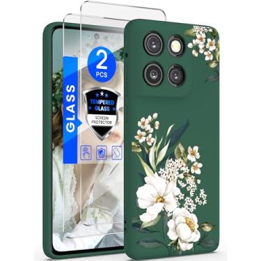 Imagem de Yucenx Capa para Motorola G Stylus 5G 2025 com 2 películas de vidro temperado, capa de telefone de silicone líquido floral para meninas, mulheres, capa de proteção macia à prova de choque