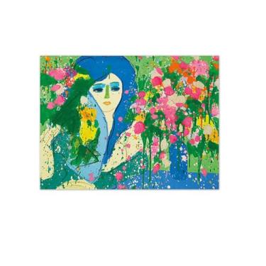 Imagem de Walasse Ting Impressão em tela famosa para reprodução - arte de parede para decoração moderna de sala de estar (Eu amo flor de cerejeira) 30 x 40 cm-12 x 16 polegadas sem moldura