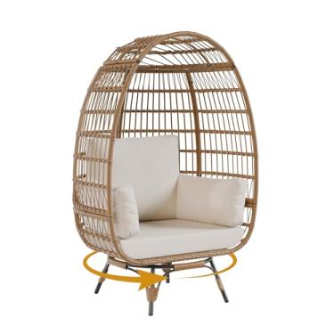 Imagem de Cadeira giratória grande de 360° para ambientes externos, cadeira de vime de aço resistente em forma de ovo com 4 almofadas, cesta giratória de ovo de vime para pátio, varanda, quintal, sala de estar