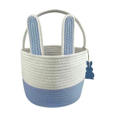 Imagem de Cesta de Páscoa de coelho personalizada para crianças – Cesta de ovo de corda tecida com alça, cesta de Páscoa vazia presente para meninos, meninas, bebês (etiquetas de cesta incluídas) (azul)