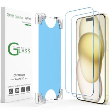 Imagem de amFilm Pacote com 3 películas magnéticas OneTouch compatíveis com iPhone 15 e acessórios de vidro temperado de 6,1 polegadas, kit de instalação premium mais fácil 9H, compatível com capas