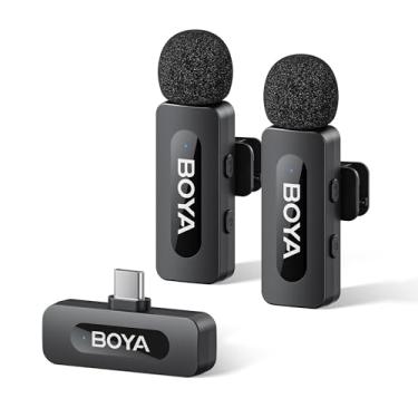 Imagem de BOYA Microfones sem fio BY-V20 para iPhone série 15/16, Android/laptop com porta USB-C, alcance de 100 metros, vida útil da bateria 9H, mini microfone de redução de ruído, clipe de lapela sem fio para