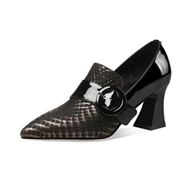 Imagem de TinaCus Patente e couro legítimo feminino feito à mão bico fino moderno fivela decoração salto médio carretel slip-on sapato escarpim, Preto, 9.5