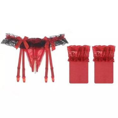 Imagem de Meia-Calça de Renda Soft Top com Suspensór ElaShopp, Vermelho