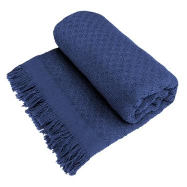 Imagem de Decolab Manta para Sofá em Algodão com Franjas Artesanais | Cobertor Decorativo para Sofa, Poltrona e Cama | Estilo Boho Chic (Azul-marinho)