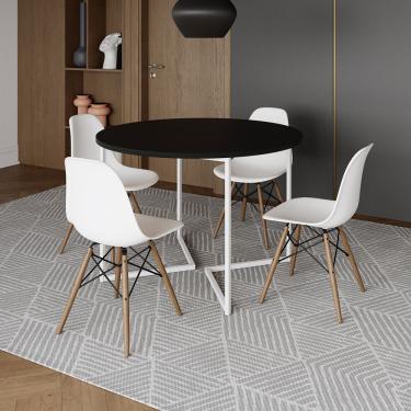 Imagem de Mesa Jantar Industrial Redonda 110Cm Preta Base V Ferro Branco C/4 Cadeiras Branca Base Made Preto
