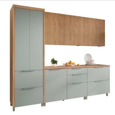 Imagem de Cozinha Completa Em Mdf Nesher Paris Ripada Com 270 Cm Nature Com Verde