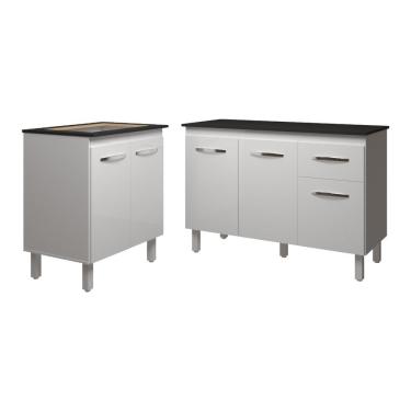Imagem de Balcão Para Cooktop 4 Bocas Fran Branco E Armário Aline 118 Cm Cozinha Gabinete Branco Com Tampo Tampão Preto