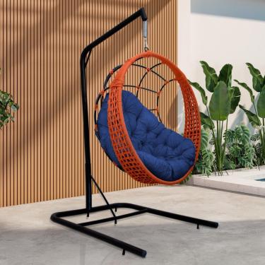 Imagem de Cadeira Balanço Ninho Suspenso Em Corda Náutica Luxo Com Suporte Ocre-azul