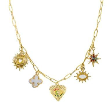 Imagem de Colar de corrente de ouro com clipe de papel 18 K, feito à mão, faça você mesmo, sol, lua, estrela, pingente, colar, pingente de ouro para mulheres, Adjustable, Zinco, Sem Pedra Preciosa