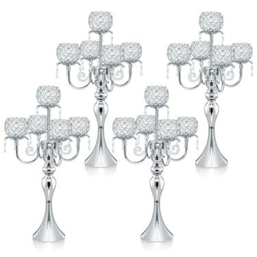 Imagem de Suporte de vela de cristal elegante de 5 braços, castiçal para mesa de casamento, peça central de mesa de 55 cm de altura, suporte de vela de mesa de candelabro, evento de festa, decoração de casa. (4
