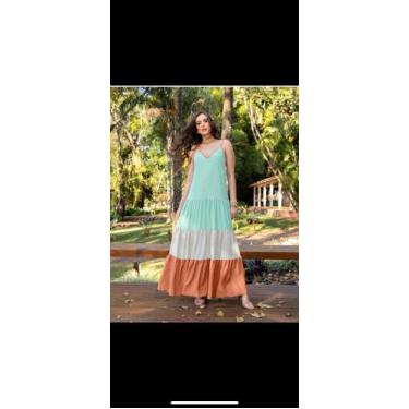 Imagem de Vestido Feminino Longo, Tam M - Cor Verde com Detalhes Marrom, Tecido 