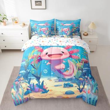 Imagem de Jogo de cama casal de 7 peças Axolotl com desenho animado salamandra, edredom e lençol com lençol kawaii, estampa de salamandra, rosa, azul escuro, macio para todas as estações
