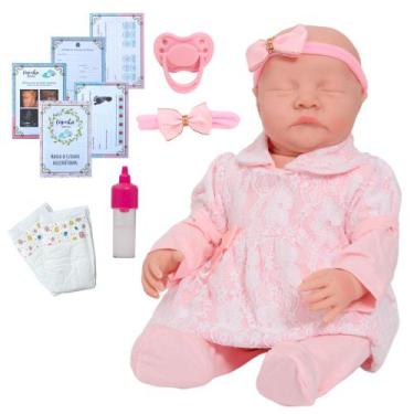 Imagem de Bebe Tipo Reborn Menina Realista Vestido Rosa Carequinha - Cegonha Reb