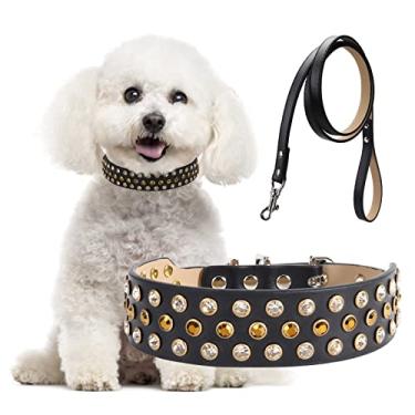 Imagem de Coleira de cachorro de strass, coleiras de diamante brilhantes com guia ajustável, deslumbrante brilhante cristal cravejado de microfibra couro com espinhos de cachorro fofo para meninas pequenas e médias grandes gatos