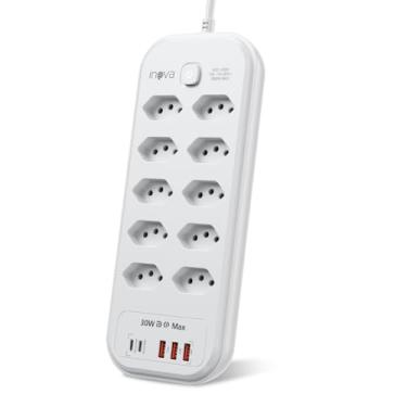 Imagem de Extensão Tomada Régua de Energia, 10 Régua Tomada 10A, 3 Interfaces USB, 2 Porta USB Tipo-C, Cabo de Alimentação de 2 metros, Potência de 2500W Bivolt 110-250V Filtro de Linha (10 Tomadas)