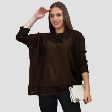Imagem de Poncho Feminino Tricot Mousse Liso Gola Alta Casaco Inverno - GIP, Caf