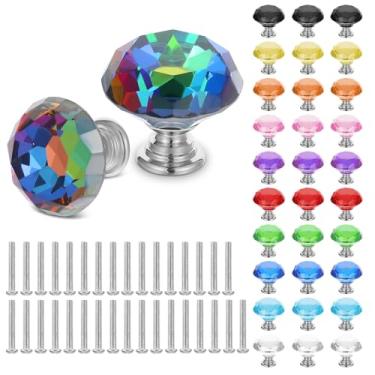 Imagem de Lemecima Pacote com 33 puxadores de gaveta de cristal coloridos, puxadores de cômoda de vidro de 30 mm em forma de diamante para guarda-roupa, cozinha, banheiro, armário (11 cores)