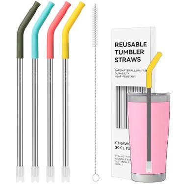 Imagem de Soledea 4 canudos de metal reutilizáveis, canudos de aço inoxidável com ponta de silicone para copo de 590 ml, canudo de substituição longo para YETI, STANLEY, US Acrylio, BJPKPK, Simple Modern e