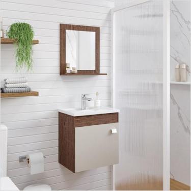 Imagem de Armário Gabinete e Espelheira P/ Banheiro 1Pt Iris 44cm Amêndoa Off Wh