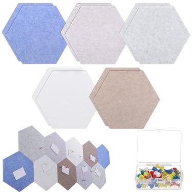 Imagem de 10 peças de azulejos hexagonais de cortiça, decoração de parede autoadesiva para fotos, escritório e casa, inclui 30 pinos coloridos