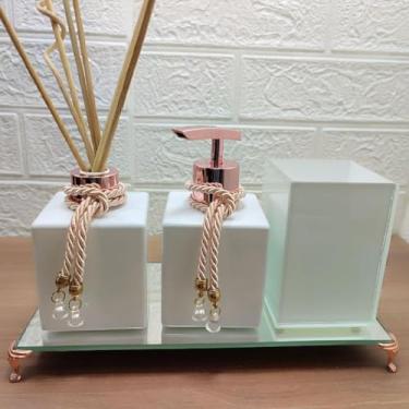 Imagem de Kit Lavabo com Bandeja Espelhada, Porta Sabonete Líquido, Difusor Aromático, Porta Escova e Pincel – Jogo Banheiro Decorativo com Frascos de Vidro Luiggi Presentes® (Branco e Rosê Gold)