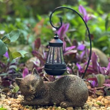 Imagem de Abia Jaeia Estátua de jardim solar com luzes LED - linda escultura de gato dormindo, ornamento de resina impermeável para gramado, pátio, quintal, varanda e decoração de casa, luz solar para espaços