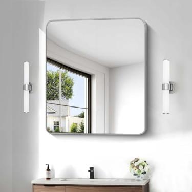 Imagem de CIVENO Espelho de banheiro prateado, espelho retangular prateado emoldurado de metal de 76 x 91 cm, espelho retangular de canto arredondado, espelho de parede para sala de estar quarto entrada