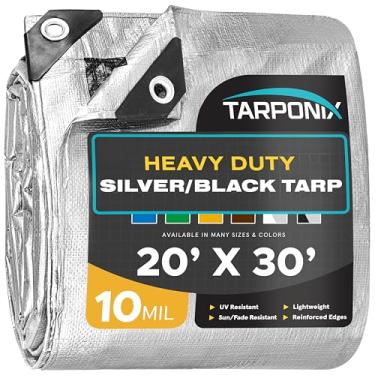Imagem de Tarponix Lona resistente de 20' x 30' de dupla face – capa prateada e preta resistente a rasgos de 10 mil com bordas reforçadas e ilhós antiferrugem