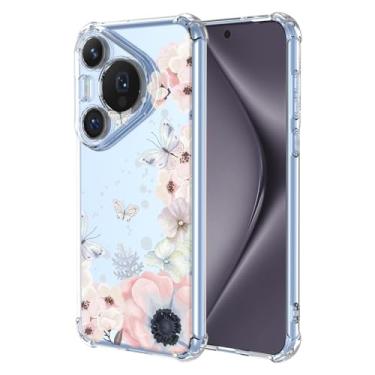 Imagem de RRXSYXL Capa para celular Huawei Pura 70 Pro com estampa floral e borboletas transparentes, proteção à prova de choque, capa de TPU macio para Huawei Pura 70 Pro (flores rosa/borboletas)