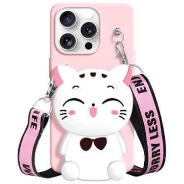 Imagem de SGVAHY Capa carteira para iPhone 14 Pro Max com cordão de cordão fofo gato rosa bolsa de moedas engraçada capa de telefone kawaii de silicone macio à prova de choque para mulheres meninas