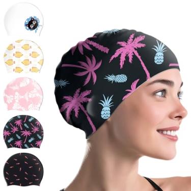 Imagem de WAVEYU Touca de natação de silicone para mulheres, touca de natação para verão e inverno, toucas de natação para meninas, padrão de floresta tropical
