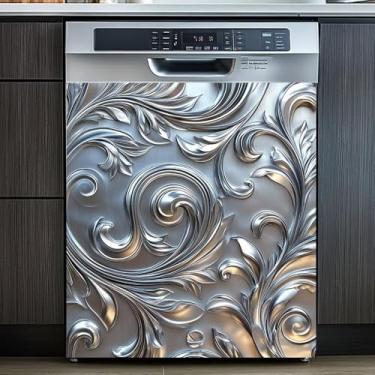 Imagem de Adesivo de capa magnética para lava-louças, design de aço inoxidável, folhas e curvas, padrão magnético, painel de geladeira, porta da frente, decalque de micro-ondas 58 cm L x 66 cm A