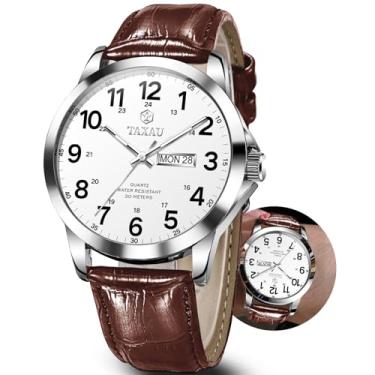 Imagem de Taxau Relógios masculinos com pulseira de couro, aço inoxidável, quartzo, analógico, fácil leitura, luxuoso, à prova d'água, relógio de pulso masculino com data diurna, numeral arábico, Prata marrom