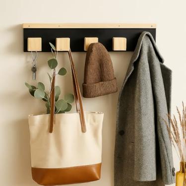 Imagem de Cabideiro de Parede Multiuso Estilo Industrial em Madeira Natural com Preto Fosco | Instalação Sem Furo com Fita Dupla Face | Minimalista | Pronto para Uso | Instalação simples - by Ateliê TH Wood Art