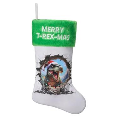 Imagem de JKSVE Meia de Natal personalizada de dinossauro 50,8 cm - Merry T-Rex-Mas Holiday Stockings for Family, Design inovador 3D com punho de pelúcia verde, decorações de festa de Natal