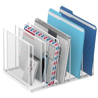 Imagem de JMHUD Organizador de arquivos para mesa, classificador de arquivos vertical de 5 seções, organizador de papel pasta de arquivos de metal para escritório, casa, sala de aula, branco