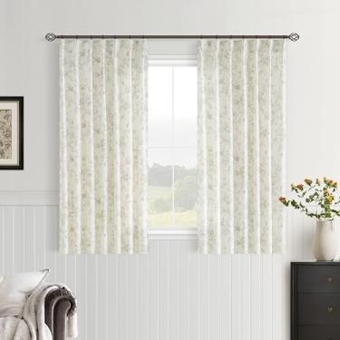 Imagem de Cortinas de linho com pregas florais verde-sálvia 113 cm de comprimento para cozinha, vintage, estampada, peônia, filtragem de luz, casa de campo, curta, semitransparente, 113 cm, cortina de café