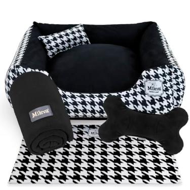 Imagem de Cama Pet Camurça + manta + Brinquedo Ossinho + Tapetinho Estampado 05 Peças - Classic - Premium 1 (70x70 cm, Pied De Poule)